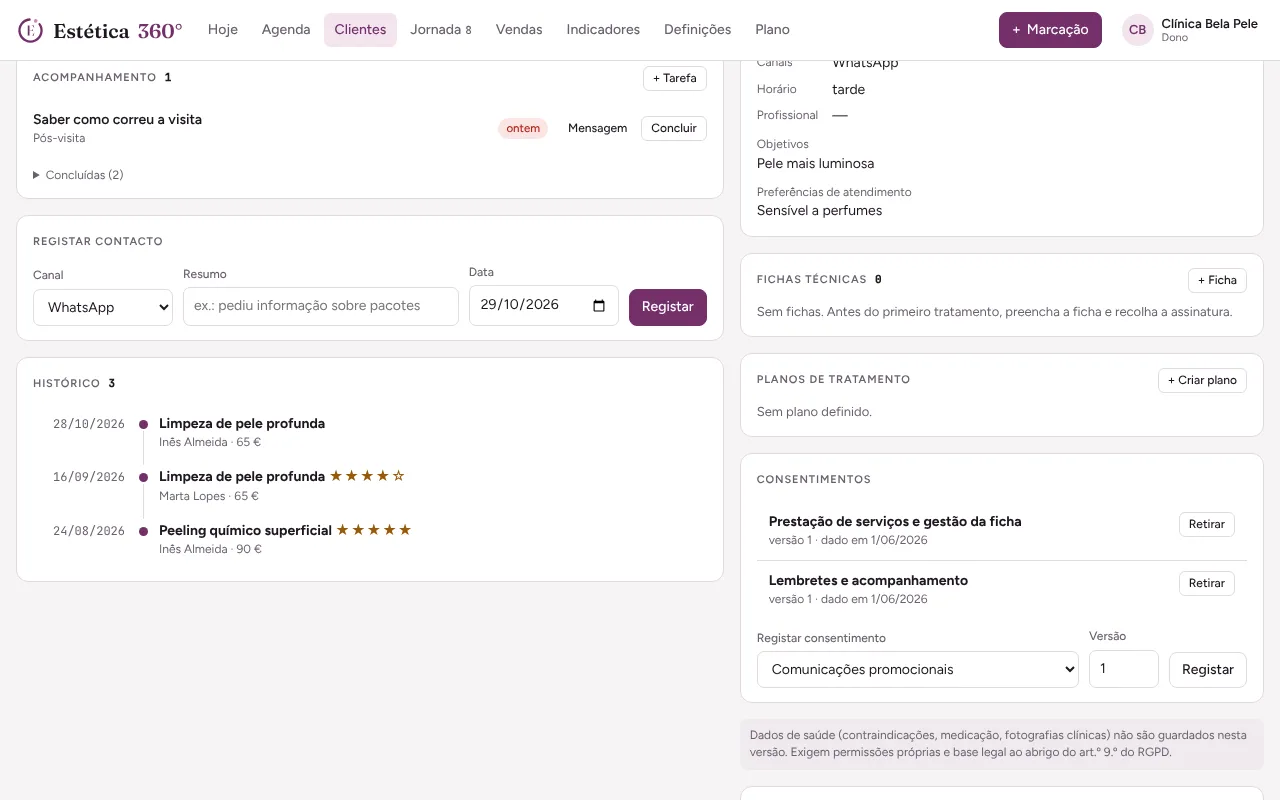 Consentimentos e histórico na ficha