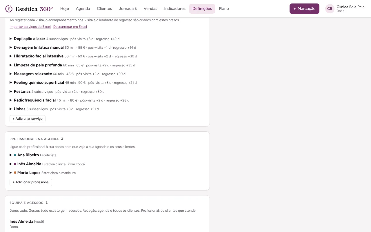 Profissionais e equipa nas definições