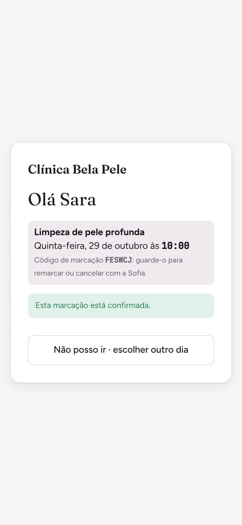 Página da marcação vista pela cliente no telemóvel